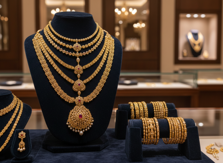 Gold jewellery on display
