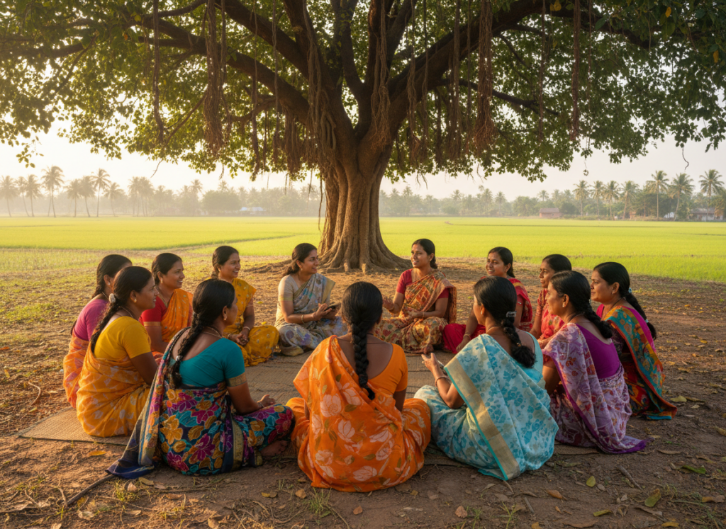 Village women's self-help group meeting with a field researcher