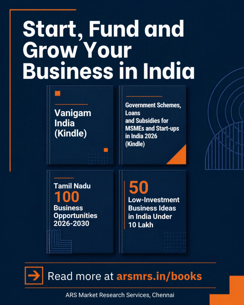 Four business books by ARS Market Research Services: Vanigam India, Government Schemes, Tamil Nadu 100 Business Opportunities and 50 Low-Investment Business Ideas