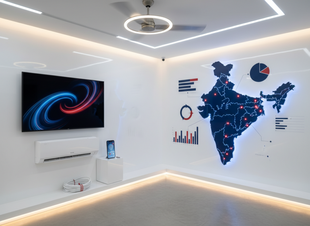Electronics, electrical appliances and consumer durables with a glowing India map and market research charts