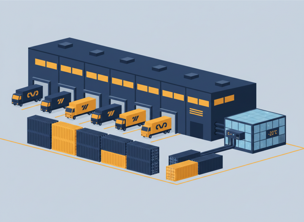 Warehouse, trucks and cold storage illustration for logistics market research in India