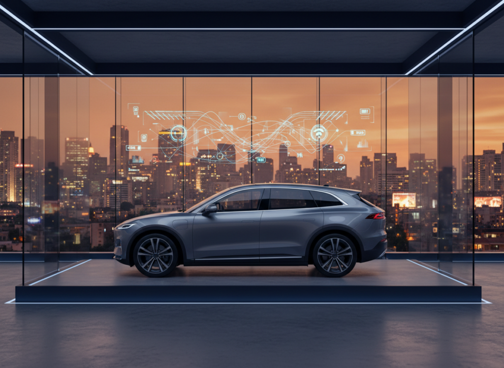 Luxury electric SUV in a showroom with an Indian city skyline and market research data charts