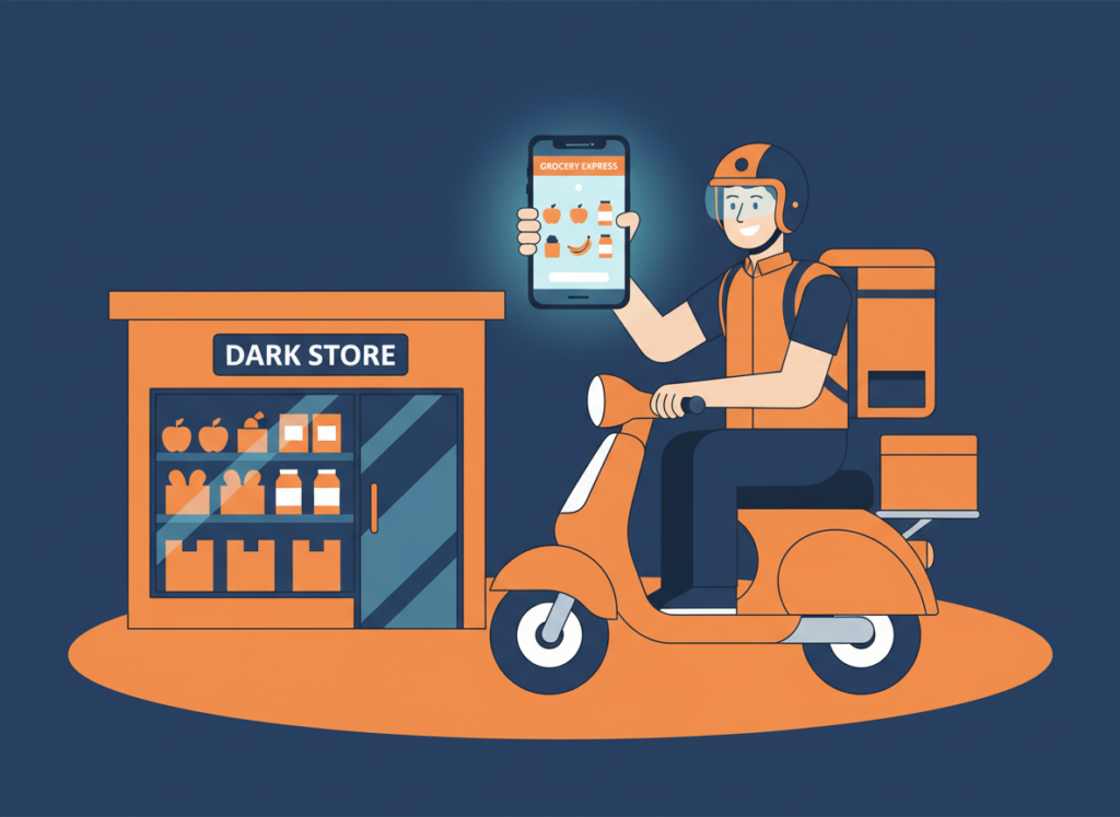 Quick commerce delivery rider and dark store illustration for e-commerce market research in India