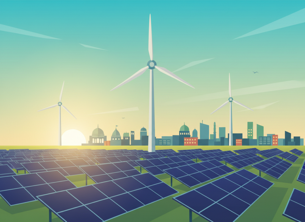 Solar panels and wind turbines near an Indian town illustrating renewable energy market research